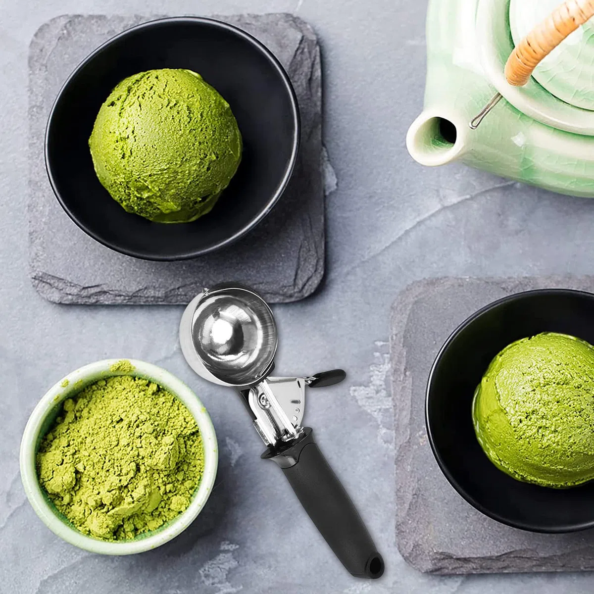 Paletta Gelato in Acciaio Inox, Porzionatori da Gelato, Acciaio Inox con Grilletto, per Scavare Il Gelato, Frutta, Biscotto, Scava la Pastella (Nero)