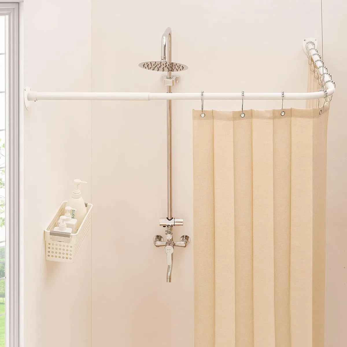 Asta per tenda da doccia, a forma di L, asta estensibile per tenda da doccia per bagno, negozio di abbigliamento, in acciaio 304, con 12 ganci ad anello e supporto a soffitto (bianco, 60-130 cm x 60