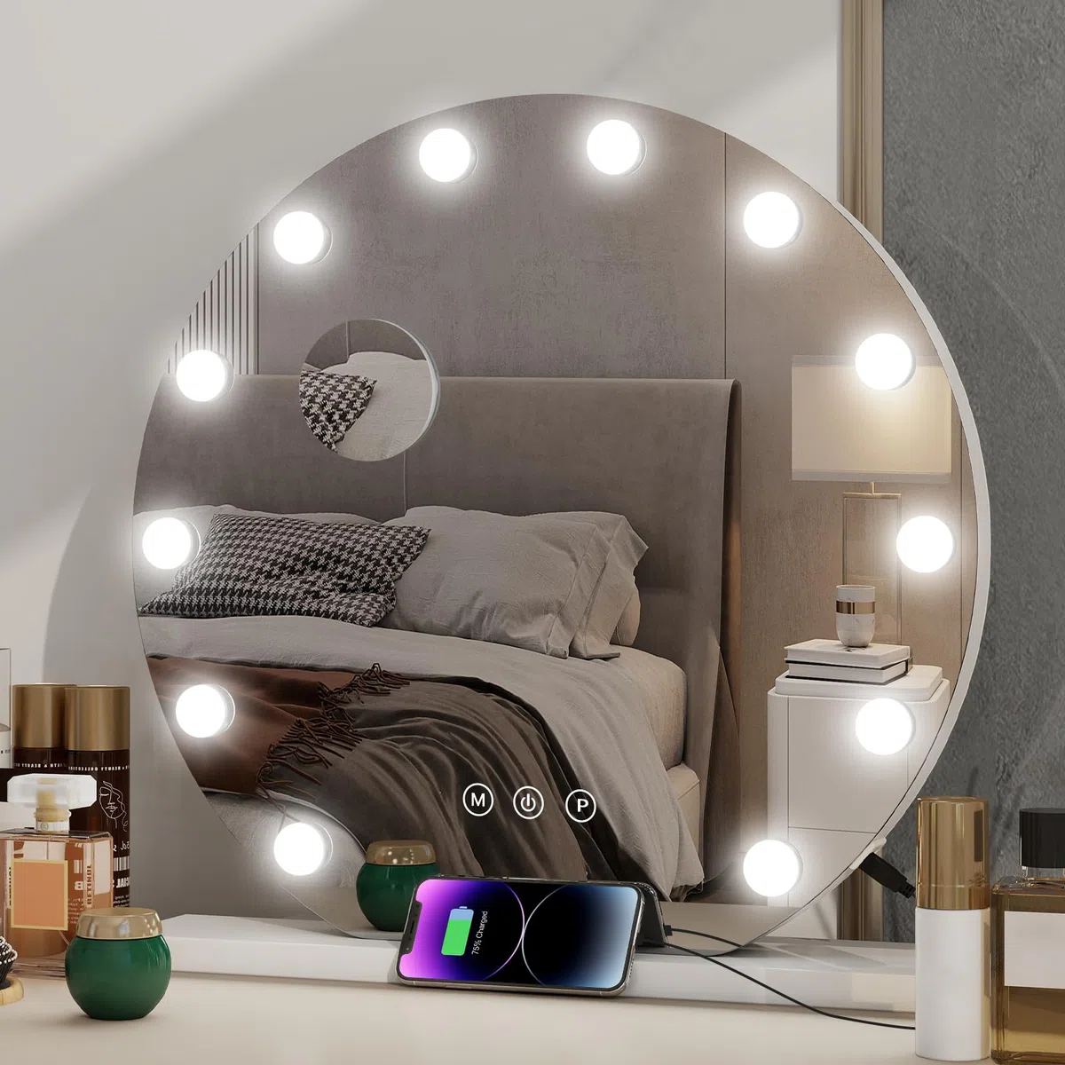 Hollywood Vanity - Specchio cosmetico rotondo con luci, 50 cm, specchio per il trucco con 12 lampadine LED dimmerabili, porta di uscita USB, 3 modalità di illuminazione, da tavolo e da parete
