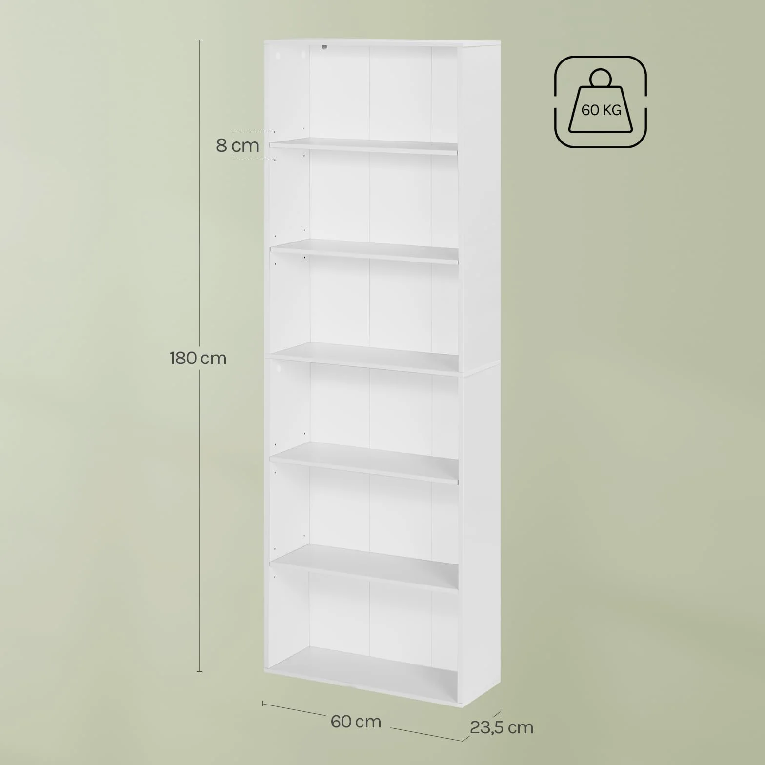 WOLTU Libreria, scaffale con 6 ripiani regolabili, scaffale aperto, divisorio in piedi, per soggiorno, ufficio, camera da letto, 60 x 180 x 23,5 cm, bianco, SK052ws