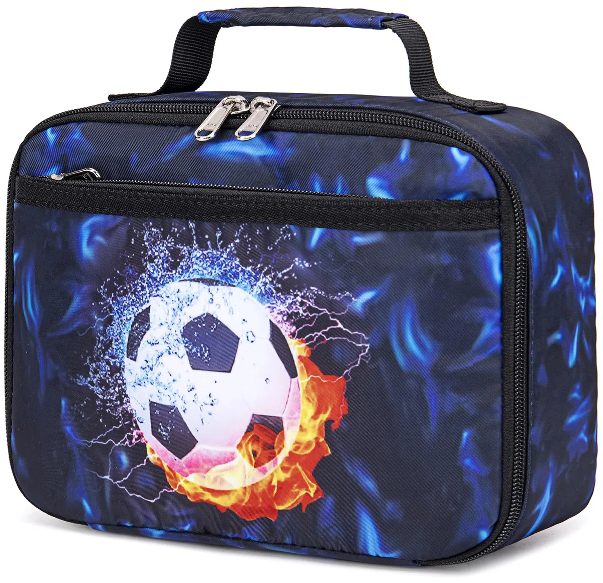 LEDAOU Borsa termica per bambini, 5 l, con chiusura lampo, borsa termica per il pranzo, per scuola, escursionismo, lavoro, Calcio Nero Blu, Casual