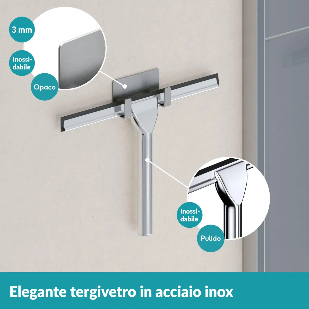 WEISSENSTEIN Tergivetro per Doccia – Tergi doccia con Gancio Muro Adesivo in Acciaio Inox – Lavavetri Doccia – Spazzola tergivetro doccia – Pulisci vetro doccia