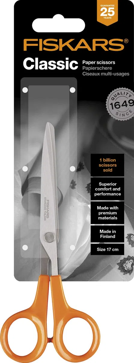 FISKARS Forbici multiuso, Lunghezza: 17 cm, Per destrorsi e mancini, Lama in acciaio inossidabile/Impugnature in plastica, Arancione, Classic, 1005150