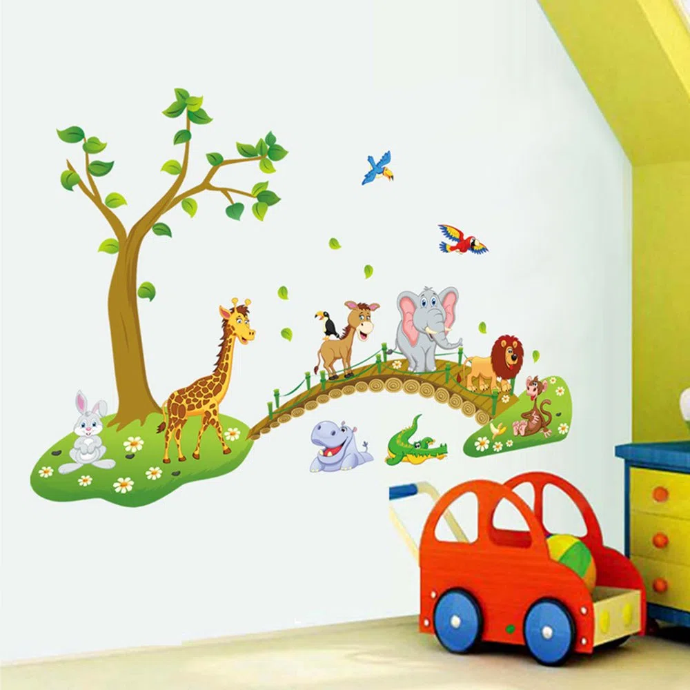 decalmile Adesivi Murali Bambini Animali della Giungla Albero Adesivi da Parete Leone Giraffa Elefante Stickers Murali Stanza dei Bambini Asilo Nido Camera da Letto Decorazioni Parete