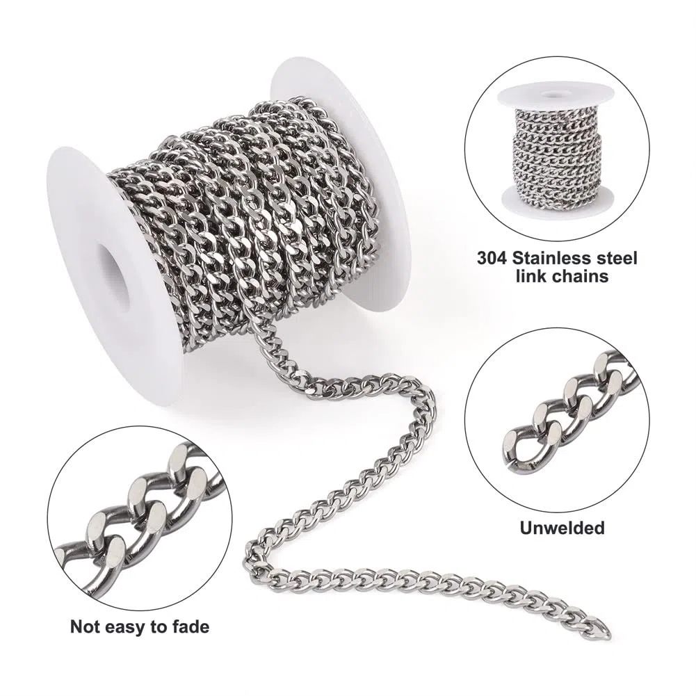 Catene a maglie cubane in acciaio inox 304, 5 m, con bobina, in argento non saldato
