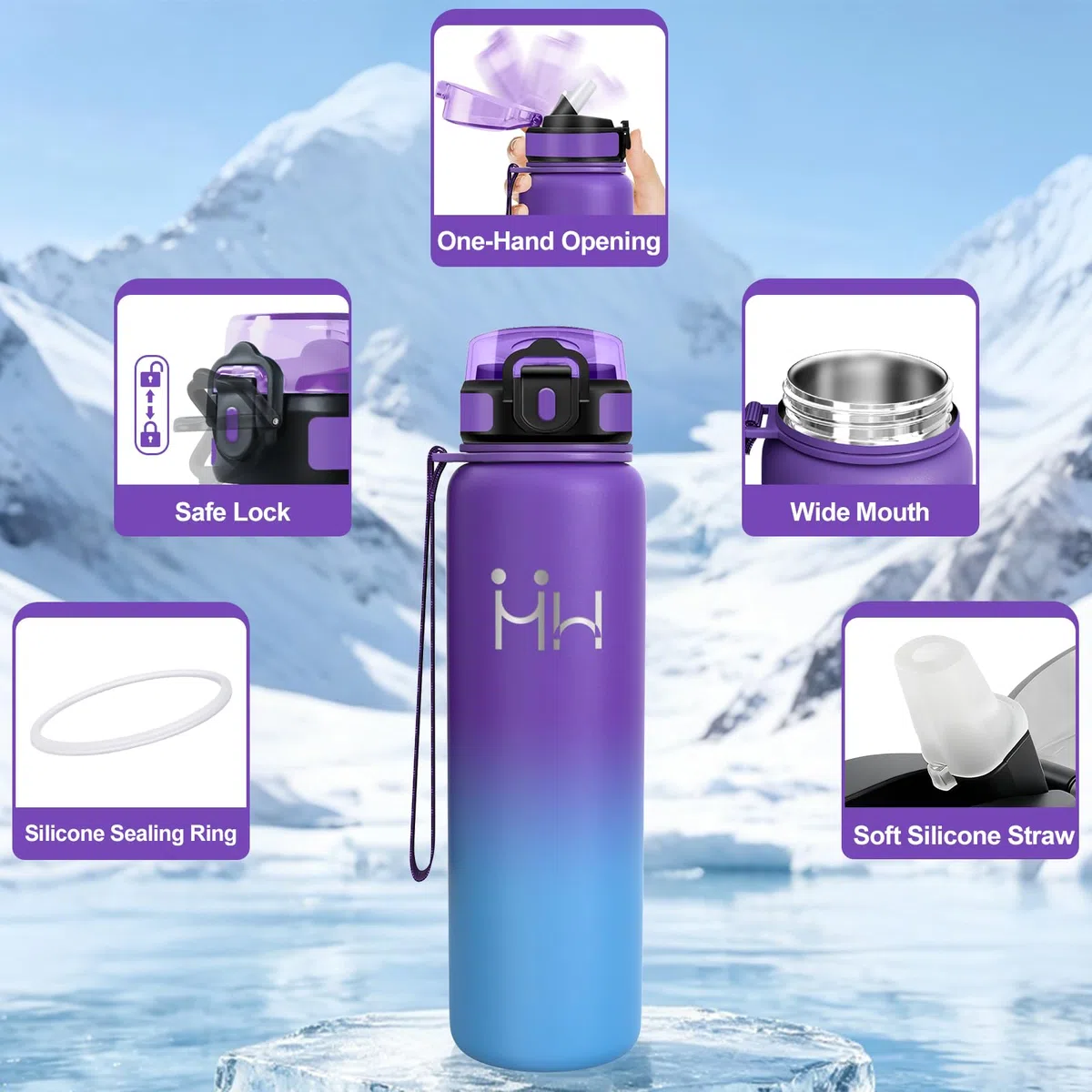 Motswedi Borraccia Termica, 1000ml, Borraccia Acciaio Inox, Riutilizzabile, Bottiglia Termica, senza BPA, Borracce - Lilla & Azzurro Cielo