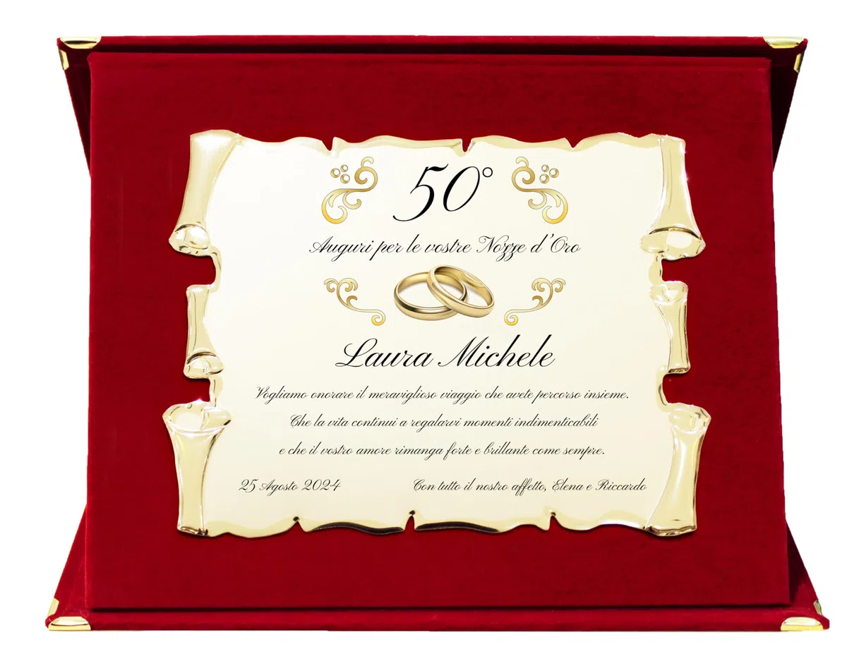 Regalo Anniversario Personalizzato | Targa Anniversario di Matrimonio | Regalo per nozze d'oro, d'argento, rubino, diamante | Cofanetto con Targa a Pergamena