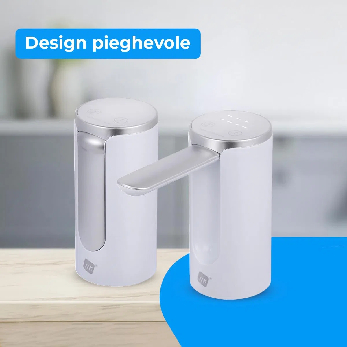 NK Distributore d'acqua con display a LED - Automatico, 4 volumi di erogazione 200/600/800ml/continua, 1200mAh, Touch Control, bottiglie e caraffe da 1,5L, 5,7L, 10L, 11,3L, 15L, 18,9L - Colore bianco