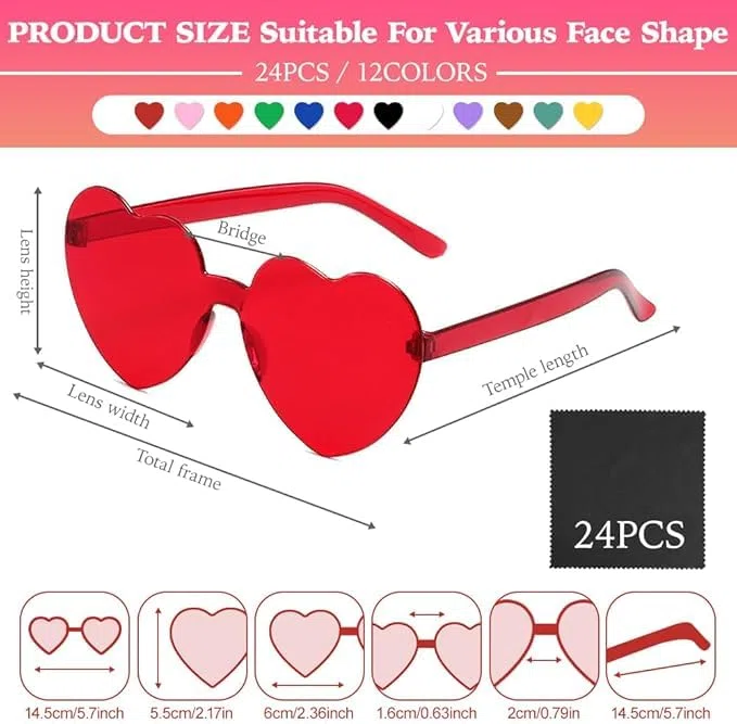 24 Paia Occhiali da Sole a Forma di Cuore, Senza Montatura, Colorati Trasparenti, per Festa Hippie e Carnevale