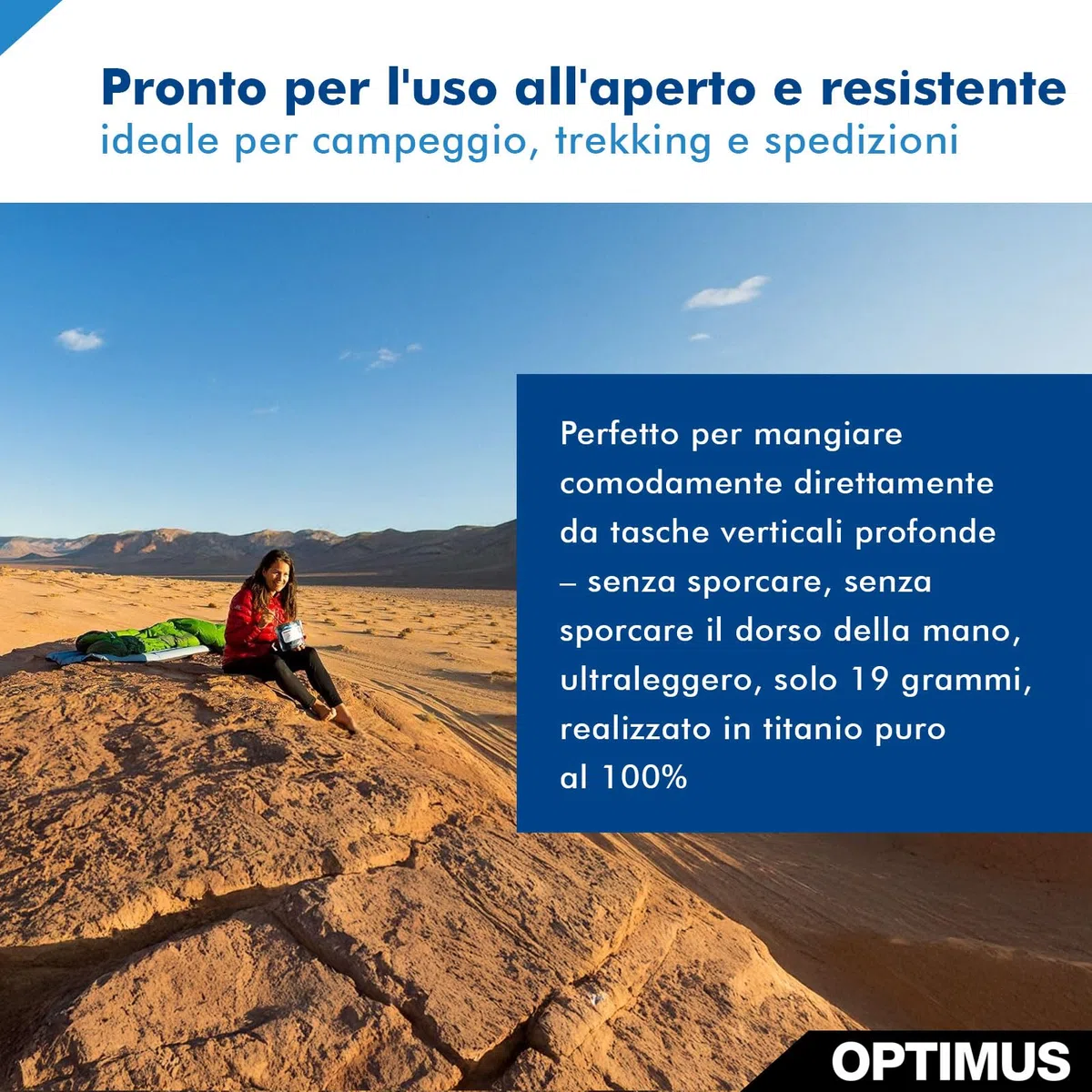 Cucchiaio lungo Optimus Titanium – Cucchiaio in titanio con manico extra lungo (21,5 cm), per cibo da trekking in sacchetti stand-up, posate da campeggio, manico opaco e testa lucida