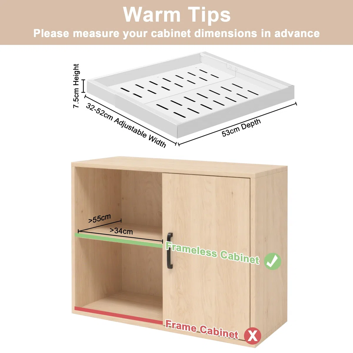 2 Pezzi Cassetto Estraibile Cucina, Organizer Cassetti Senza Forature e Chiodi, con Nastro Nano, Cassetto Telescopico da Incollare, Aggiorna 3 Tracce, (32-52 cm L x 53 cm P x 7.5 cm A), Bianco
