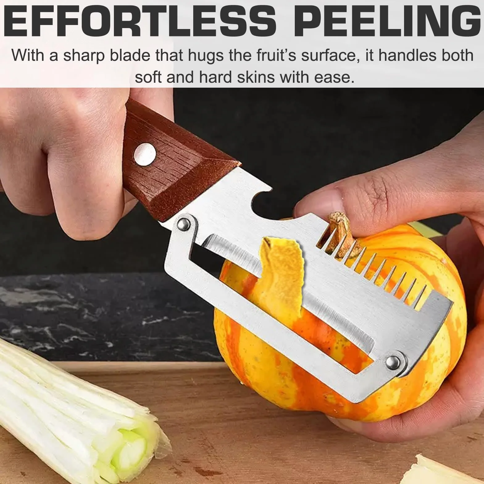 3Pezzi Pelapatate Multifunzionale, 3 in 1 Pelapatate Professionale, Pela Patate in Acciaio Inox Pela Patate e Verdure Manico in Legno Apribottiglie Tagliare il Cipollotto a Julienne per Cucina