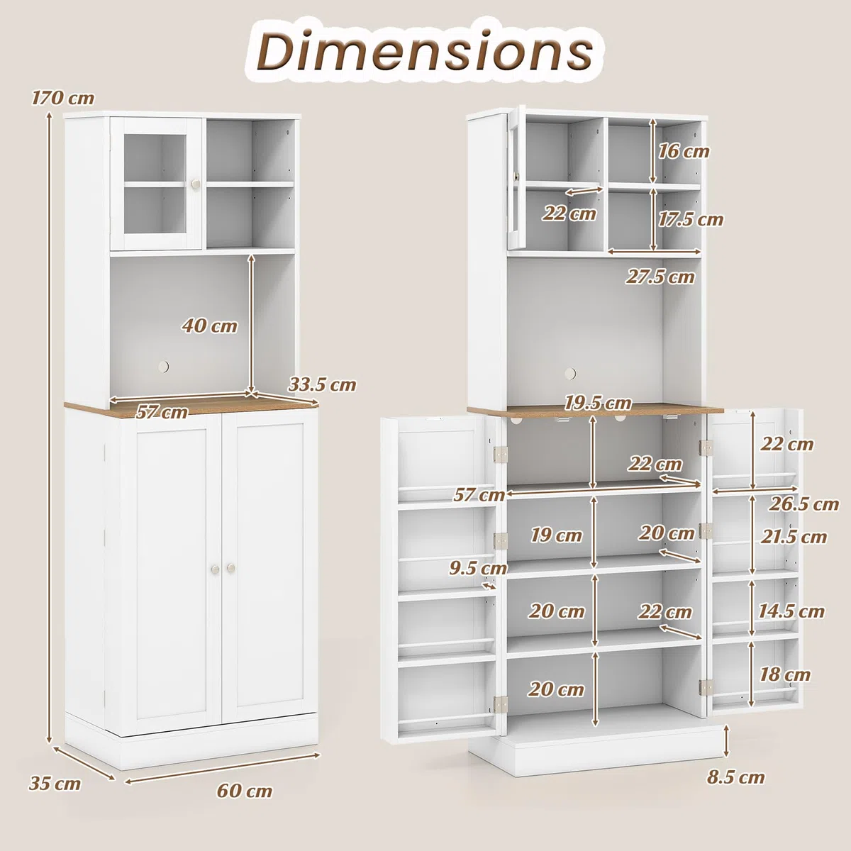 KOMFOTTEU Credenza Alta da Cucina 170 cm con Ripiani Regolabili, Fori per Cavi, Porta in Vetro Temperato, Mobile Buffet per Soggiorno, Sala da Pranzo, 60 x 35 x 170 cm, Bianco