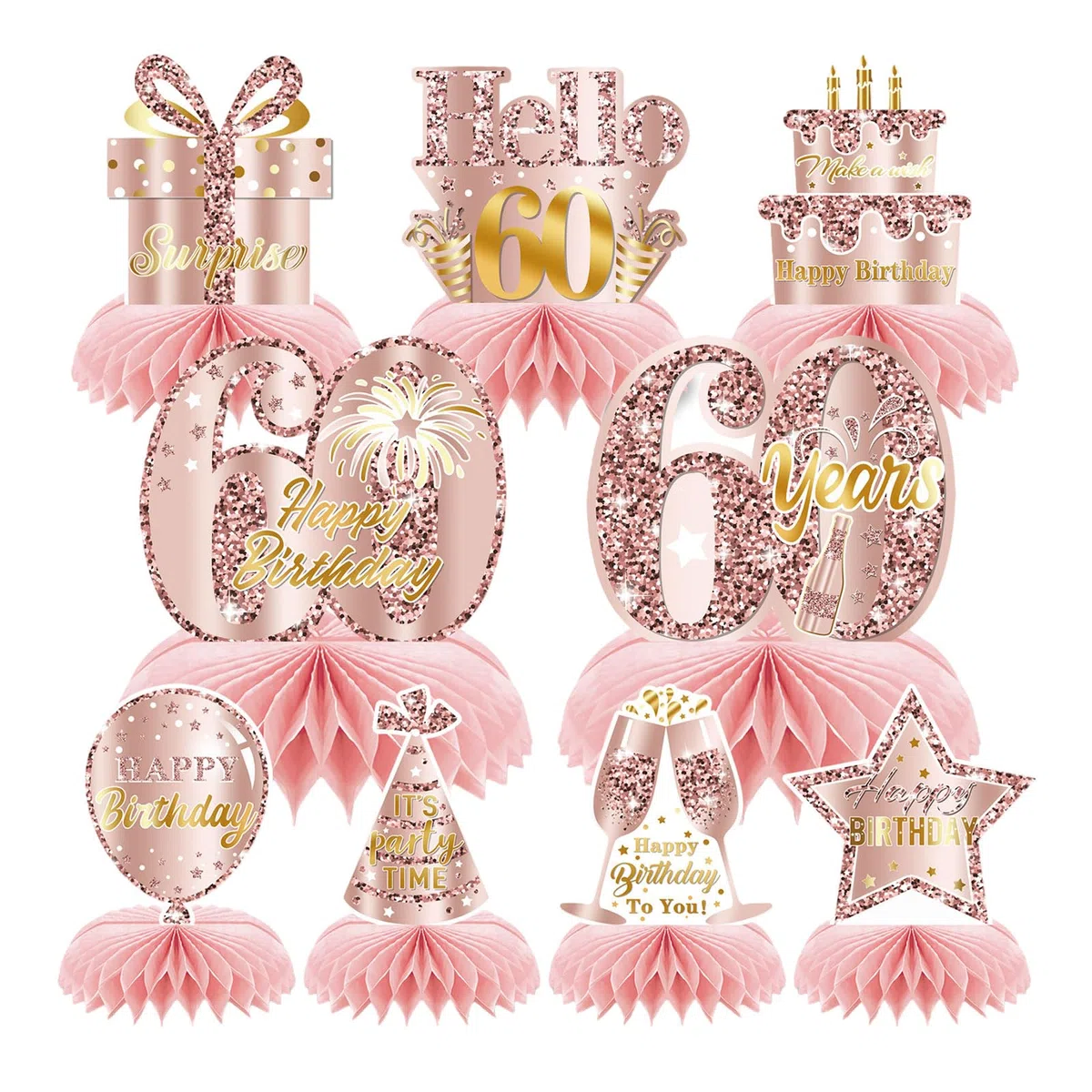 9 Pezzi Rosa Rosegold 60 Compleanno Favo Centro Tavola Decorazione per Ragazze Felice 60 Compleanno Decoro Tavolo Feste Accessori Torte di Compleanno a Diciotto An