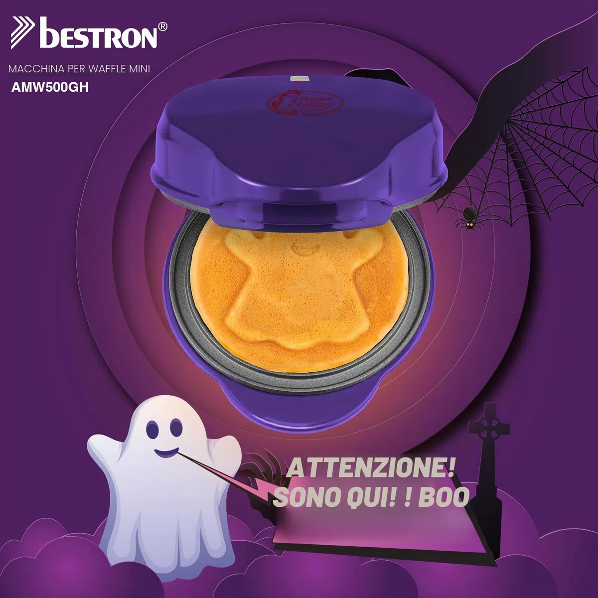 Bestron Mini piastra per waffle con piastra speciale "fantasma", dimensioni cialde Ø 10 cm, dimensioni ideali per bambini, per compleanni o come regalo, fioriera e rivestimento antiaderente, colore