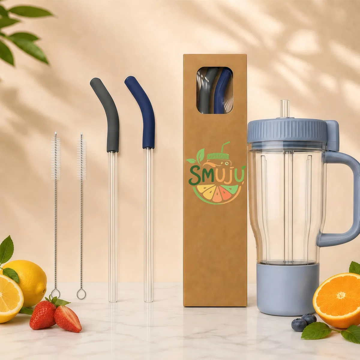2 cannucce in vetro per tazze Ninja Blend Boss, con 2 spazzole per la pulizia e 2 tappi per cannucce in silicone, riutilizzabili per bicchieri Ninja BlendBoss, grigio e blu scuro