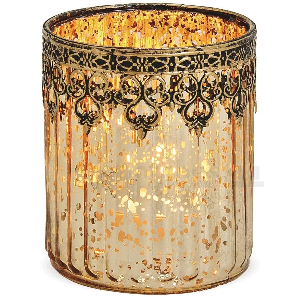 matches21 - Portacandele in vetro orientale, design marocco, oro anticato, decorazione in metallo, 1 pezzo, Ø 10 x 12 cm