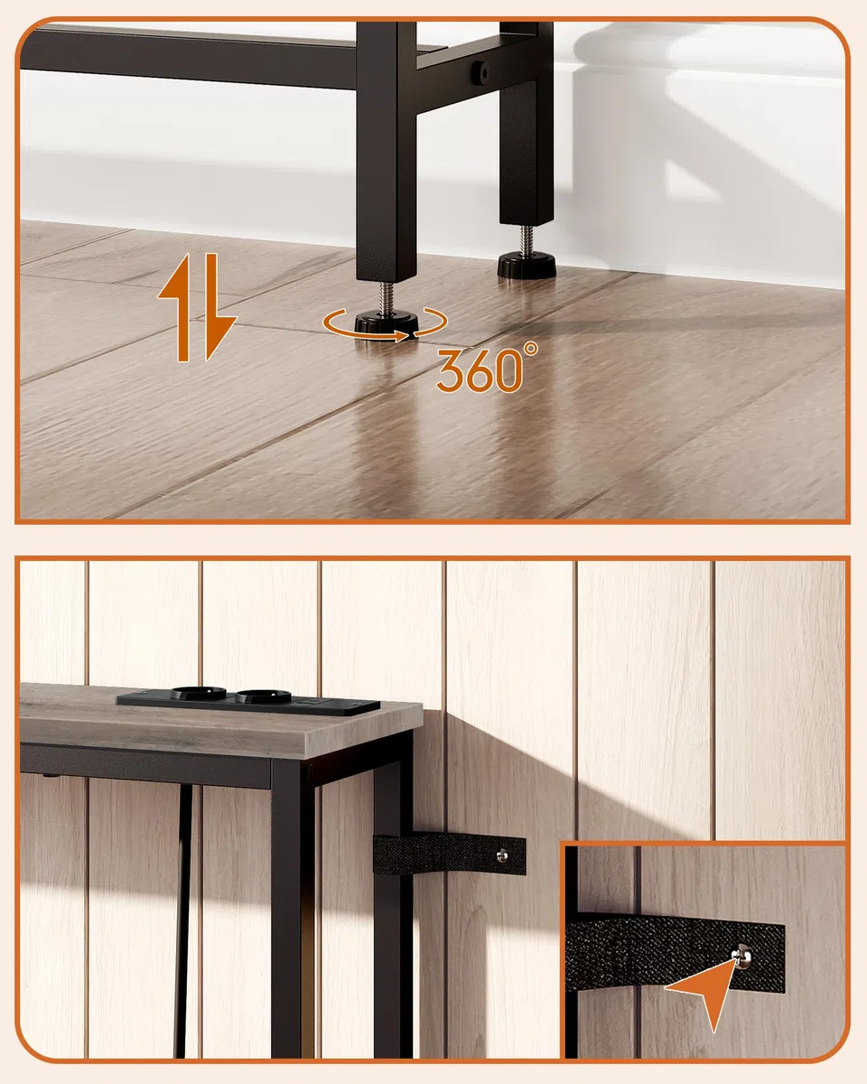 CHOEZON Tavolo Consolle, Consolle Ingresso da 200 cm con 2 Prese e 2 Porte USB, Tavolo da Divano Stretto, Stile Industriale, per Ingresso, Soggiorno, in Grigio e Nero DTXG20CBG