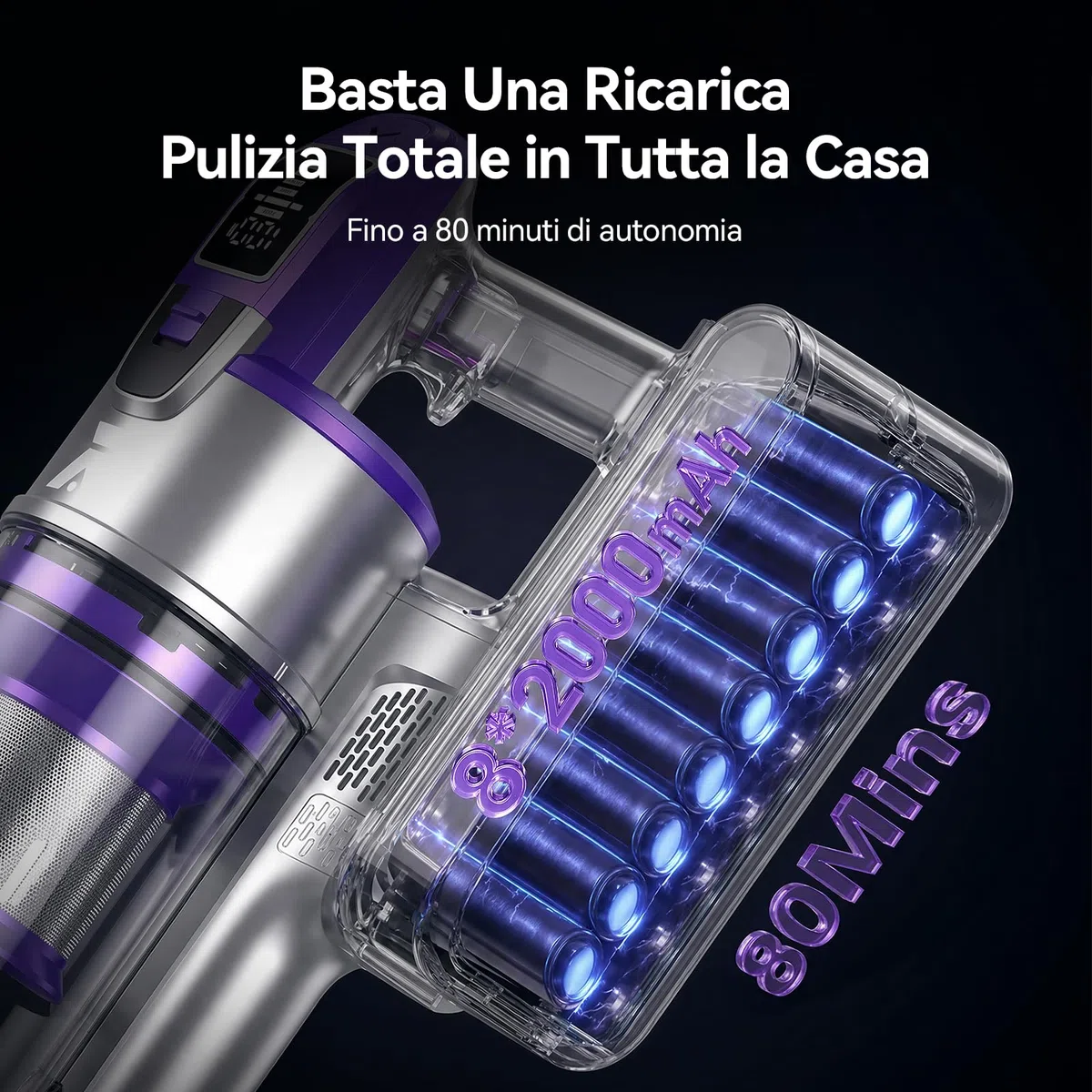 Redkey X18 Aspirapolvere Senza Fili 60Kpa/650W/80Min, 8-in-1 Scopa Eletrica Verticale Antiarovialio con Display LED, Automatica Intelligente Della Potenza di Aspirazione, per Animali/Pavimenti/Tappeti