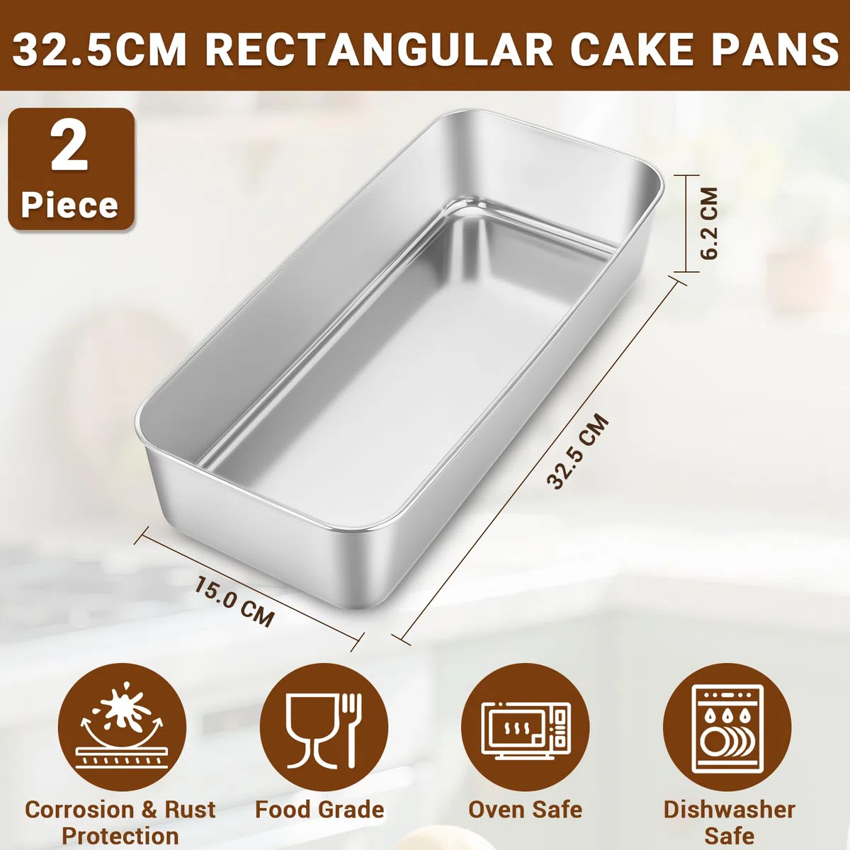 Set di 2 stampi rettangolari per pane – 32,5 x 15 x 6,2 cm, stampo per pane rinforzato, stampo per pane e torte in acciaio inossidabile, struttura monoblocco, lavabile in lavastoviglie