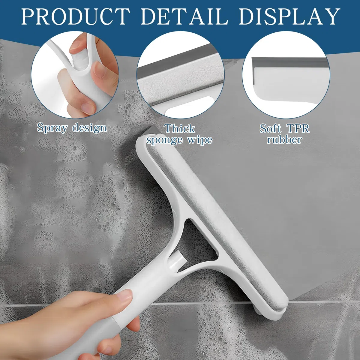 Tergivetro per Doccia Plastica 3 in 1, Lavavetri Spazzola Bagno con Spruzzatore di Spugna, Lavavetri Doccia Leggero, Tergidoccia per Vetro, Acrilico, Piastrelle, Bagno, Specchi, Bianco
