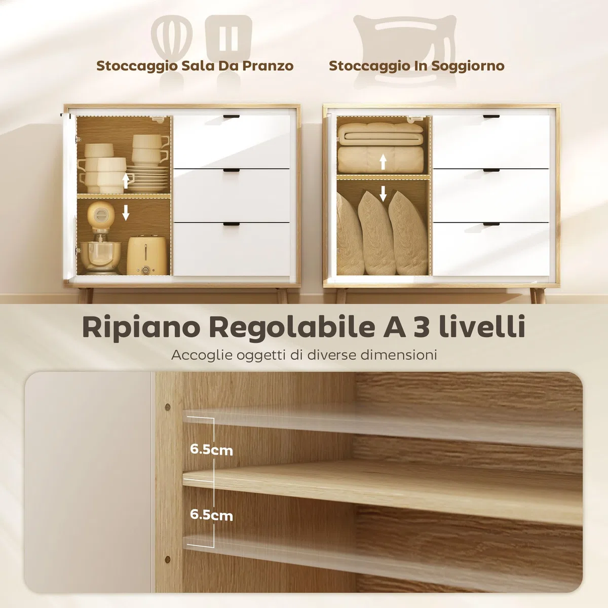 HOMCOM Credenza Cucina con 3 Cassetti e Armadietto, Mobile Cucina Moderno con Ripiano Regolabile, Credenza Buffet per Soggiorno, Sala da Pranzo e Salotto, 80x35x77 cm, Bianco Lucido e Rovere