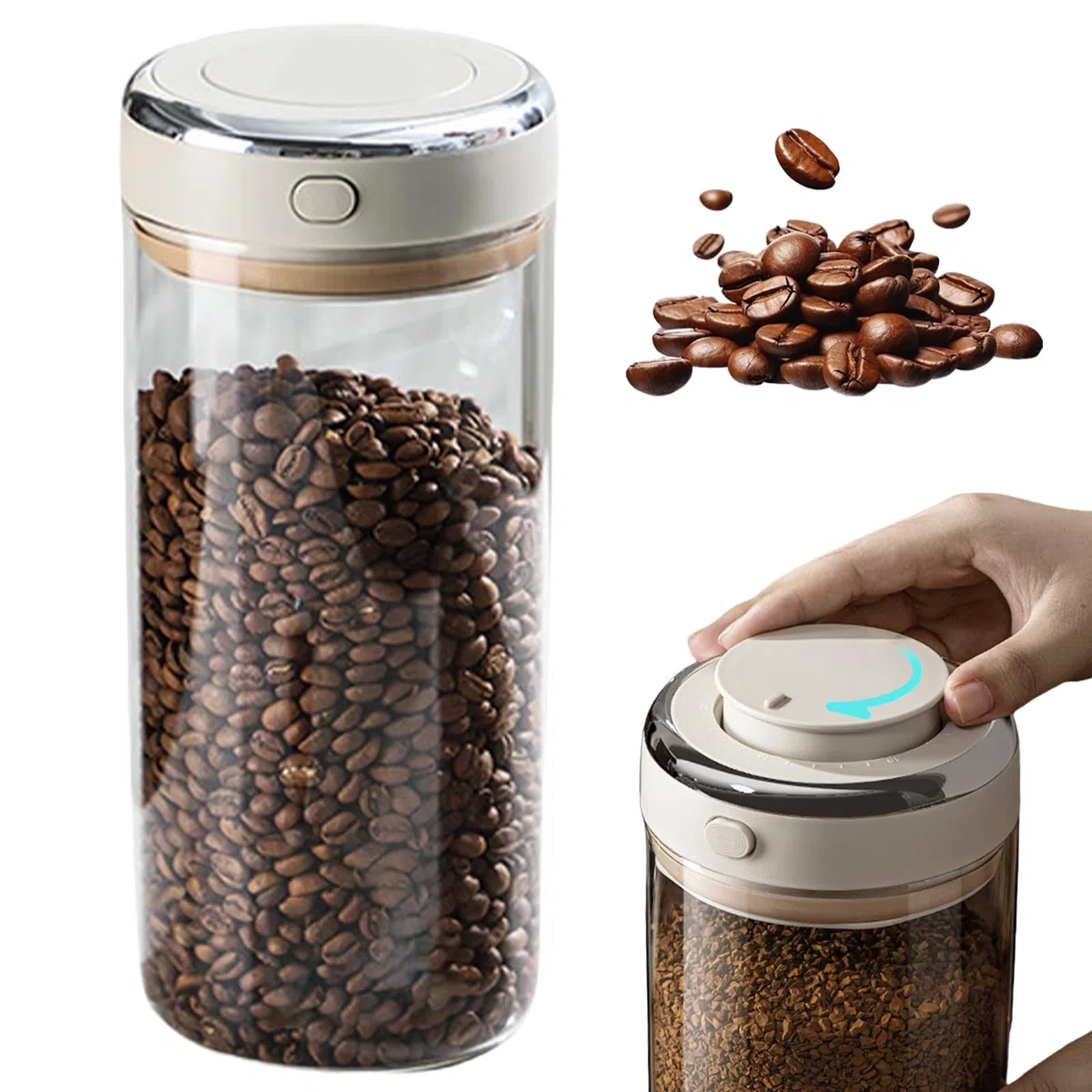 BAIFULAI Contenitore in vetro ermetico, 1,7 l, per chicchi di caffè, trasparente, con valvola di scarico, datario, contenitore per chicchi di caffè, polvere, noci, tè, cacao, foglie di tè