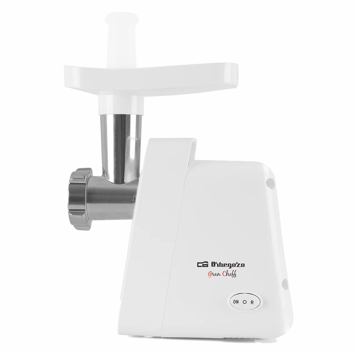 Orbegozo MP 2000, Tritacarne Elettrico, Funzione Movimento di Ritorno, 600 W, Pulsante Start Stop, Collo in Metallo, 3 Dischi Intercambiabili, 2 Lame, Bianco
