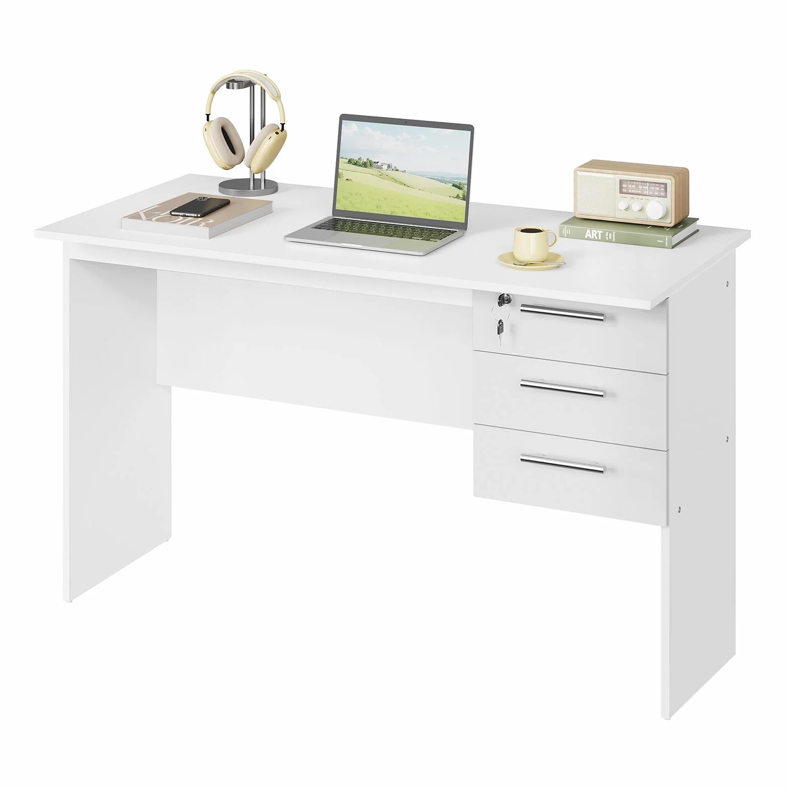 WOLTU Scrivania con 3 Cassetti, 120x60 cm, Bianco, Tavolo da Lavoro, Scrivania per Computer, Porta PC in Legno