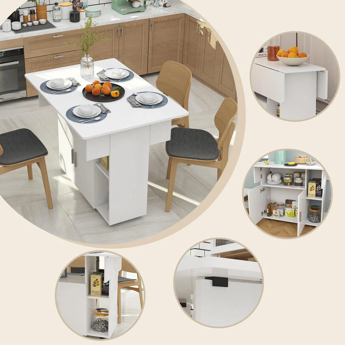 Tavolo da Pranzo Pieghevole, Tavolo Richiudibile con Ruote, Salvaspazio, Allungabile, Richiudibile - 3 Ripiani, Per 6 Persone - Da Interno