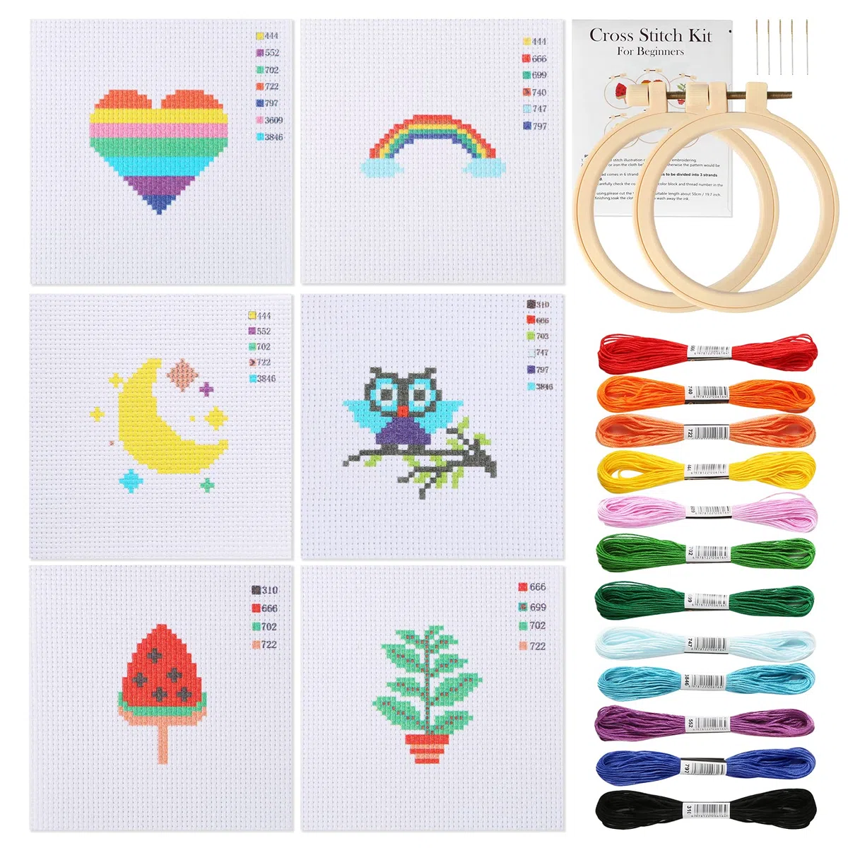 Pllieay Kit per punto croce, per principianti, 6 pezzi con motivo a punto croce e 2 cerchi, 12 matasse, kit da cucito con istruzioni (lingua italiana non garantita)