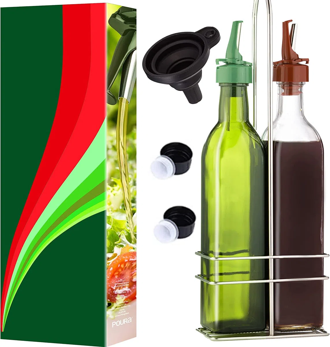 Poura Bottiglia olio d’oliva e aceto 500 ml – Con tappo salvagoccia ClickSeal in gomma naturale senza BPA – Set in vetro con imbuto in silicone – Accessorio da cucina