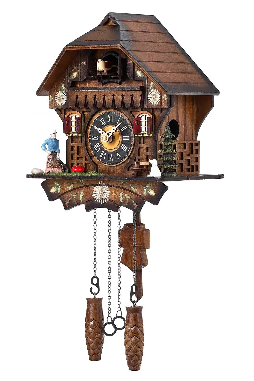 Kintrot Orologio a cucù tradizionale della Foresta Nera artigianale in legno orologio da parete al quarzo con 12 melodie