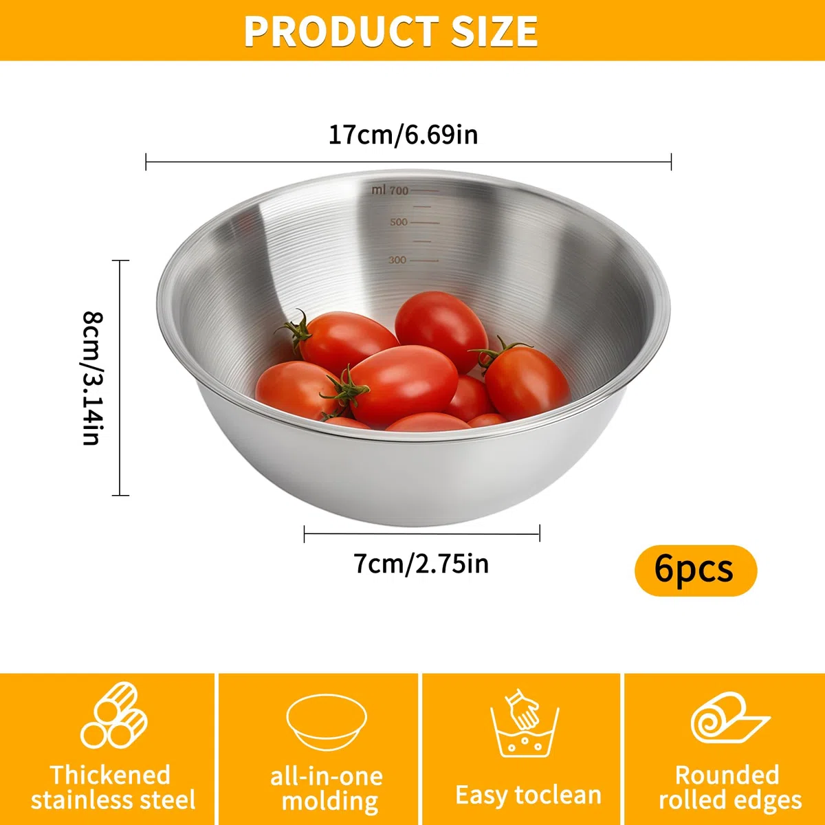 Ciotole Miscelatori in Acciaio Inox, Ø 17 cm Set di 6 Ciotole in Acciaio inox di Alta Qualità Insalatiere Mescolare lavabili in lavastoviglie per Insalatiera Ciotola per Snack