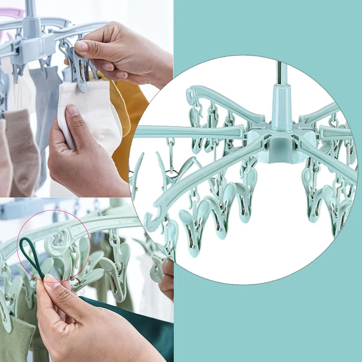Stendibiancheria per calze da appendere con 24 mollette da bucato pieghevoli in plastica - per calzini biancheria intima vestiti per bambini pieghevole (Verde)