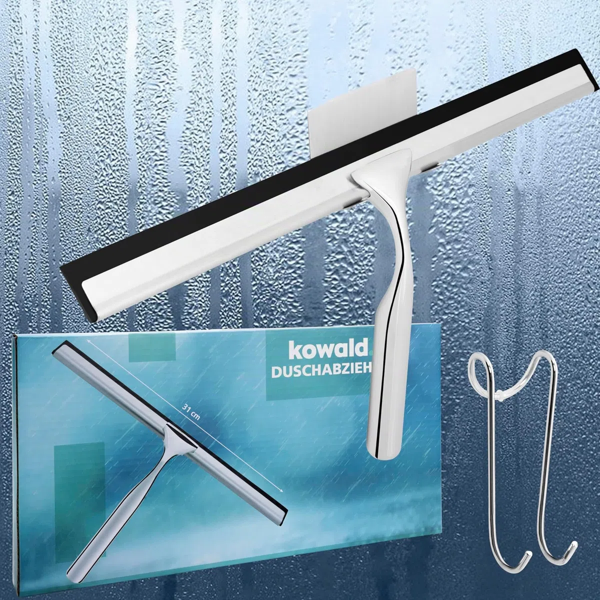 Tergivetro Doccia 31 cm kowald in Acciaio Inox | Kit Professionale con 2 Ganci e Gomma di Ricambio | Tergicristallo Extra Largo per Vetri e Piastrelle