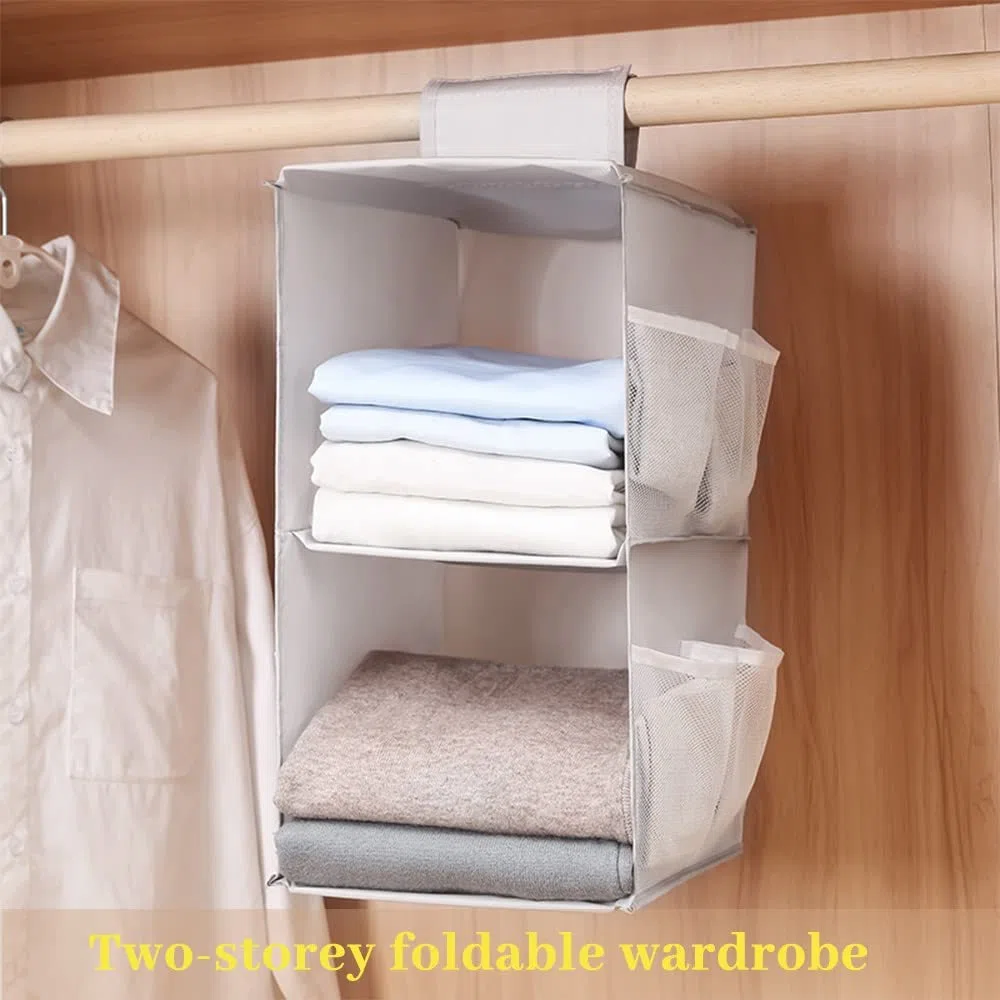 Organizer per Armadio Pensile, Organizzatore Armadio Interno, Pieghevole Portattuto da Appendere con 2 Scomparti 6 Tasche Laterali a Rete, 30 * 22.5 * 80cm (Grigio Due Strati)