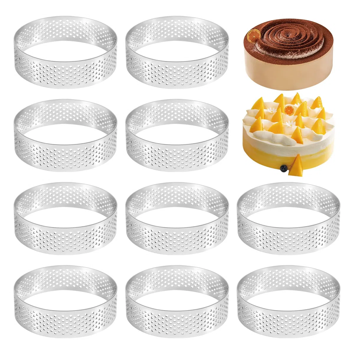 Confezione da 10 Anelli per Torta Rotondi con Fori in Acciaio Torta di Frutta Quiche Stampo per Torta Mousse Stampo da Cucina 7 cm