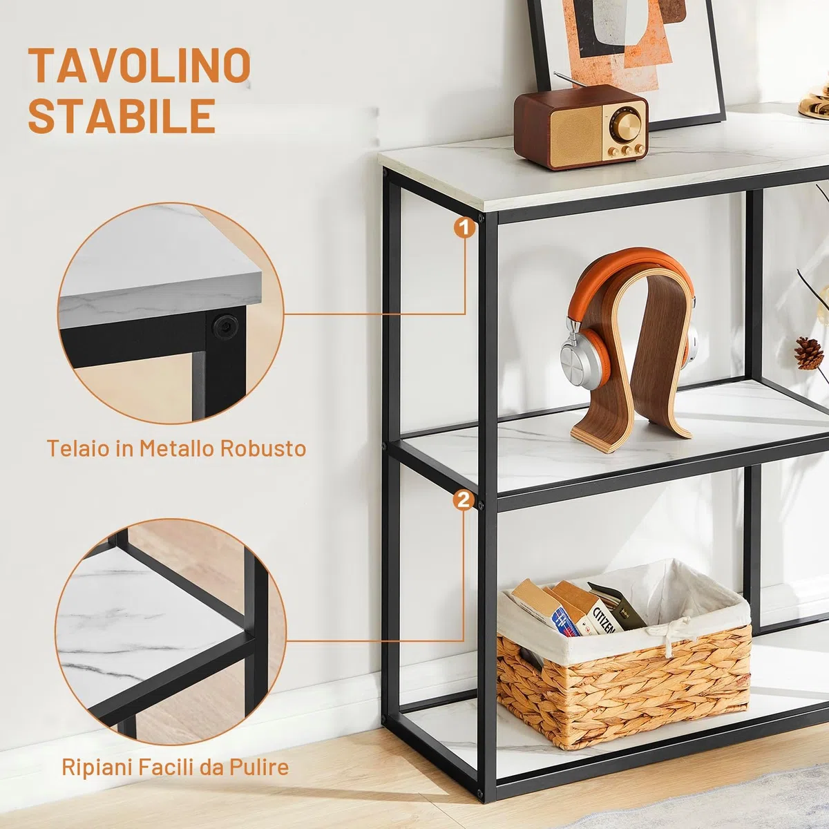 WOHOMO Tavolo consolle da ingresso stretto da 30 cm, per soggiorno, 80 cm, moderno, industriale, con ripiani portaoggetti a 3 ripiani, per corridoio, corridoio, marmo bianco