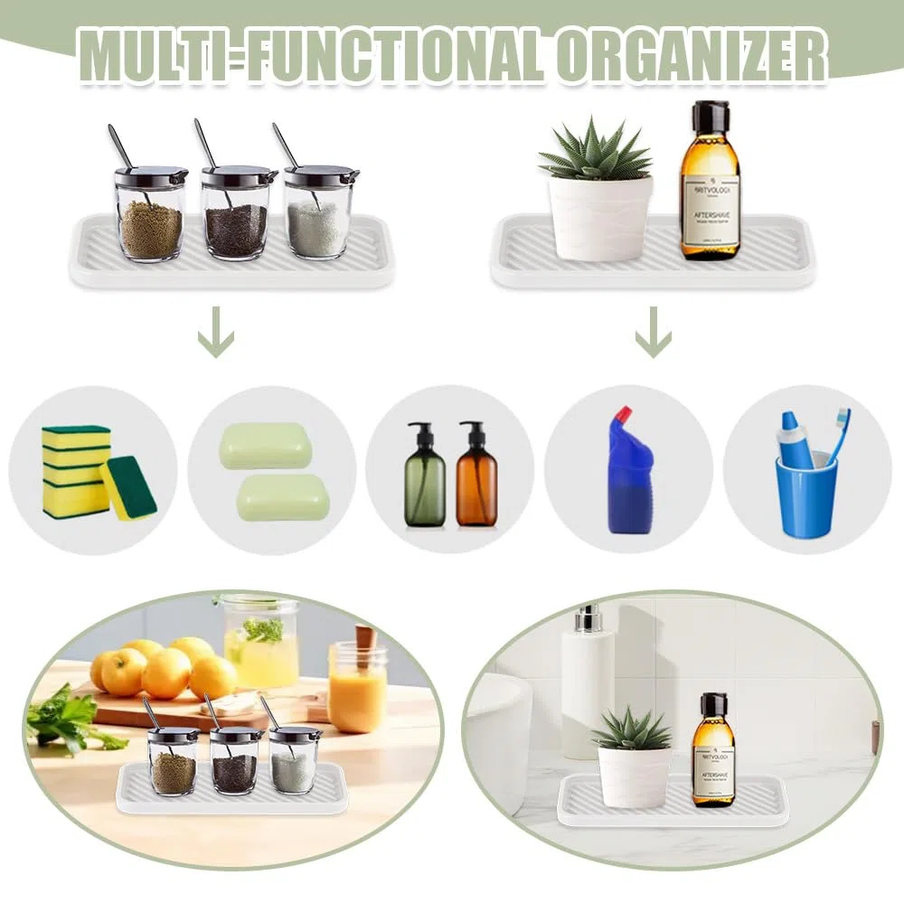 2 Pezzi Organizer Lavello Silicone 23 X 9 X 1.5 CM,Tappetino Scolapiatti Silicone,Porta Spugne Bagno,Organizer Lavandino Bagno,Contenitore per Spugne Cucina per Spazzola, Spugna - Bianco