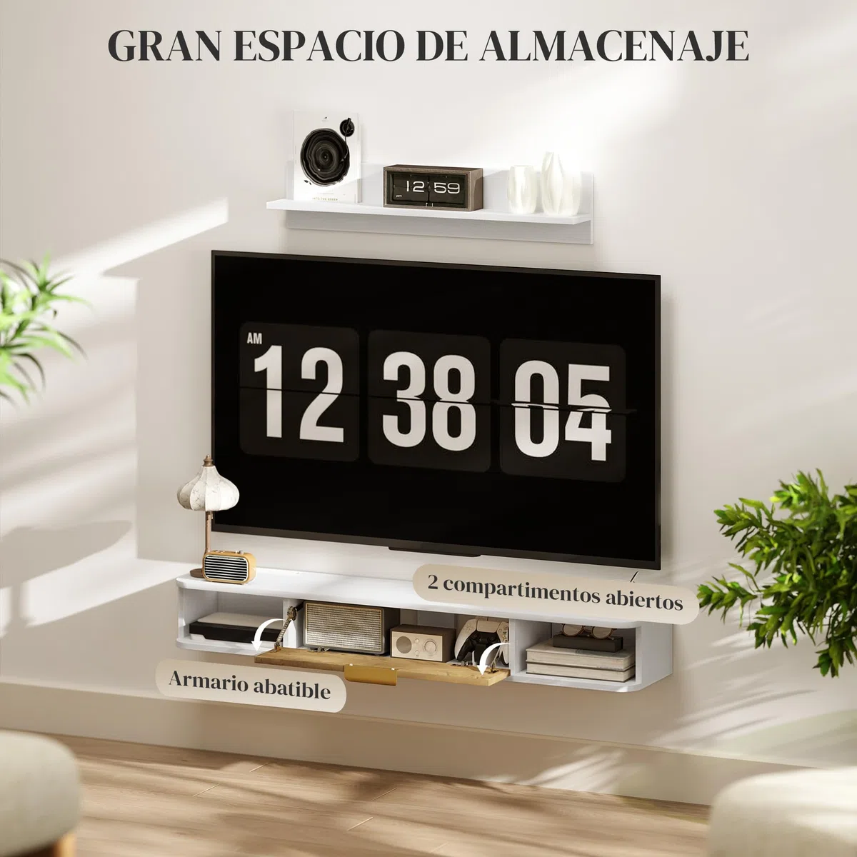 HOMCOM Mobile da soggiorno, mobile da sala da pranzo, con ripiano da parete, mobile TV, armadio, scomparti per cavi, per TV da parete, 120 x 24 x 16 cm, bianco