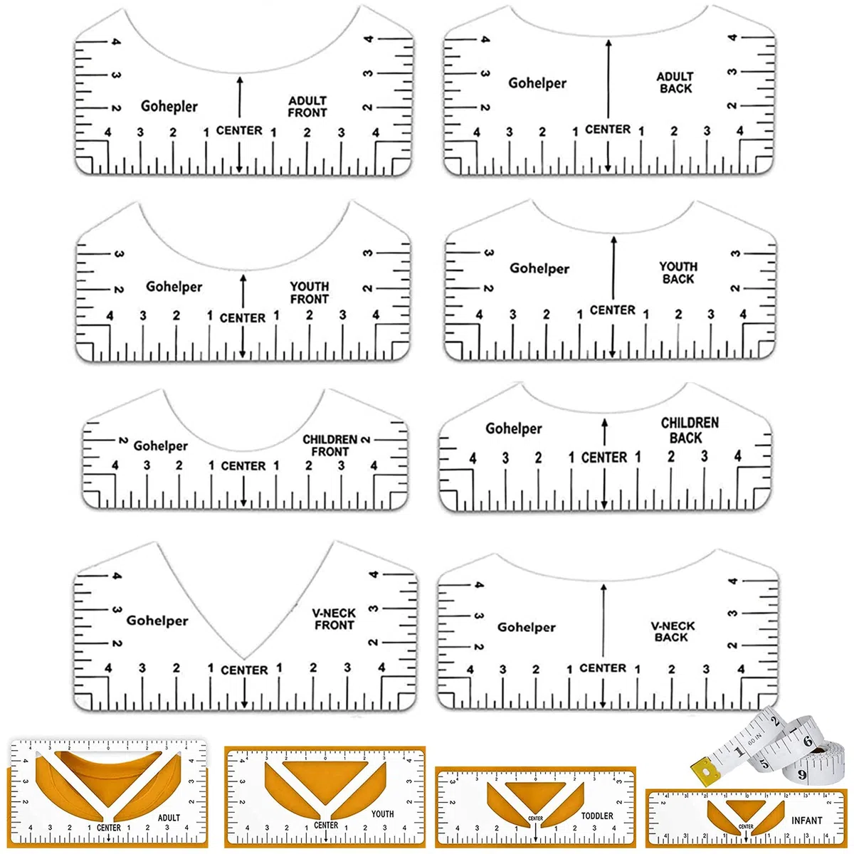 Yolistar Abbigliamento Moda Righello per Posizionamento Misura, Strumenti di Allineamento Centratura della Maglietta, Righello di T-Shirt per Cucire Modello Disegno Design da Sartoria (PVC, 12 Pezzi)