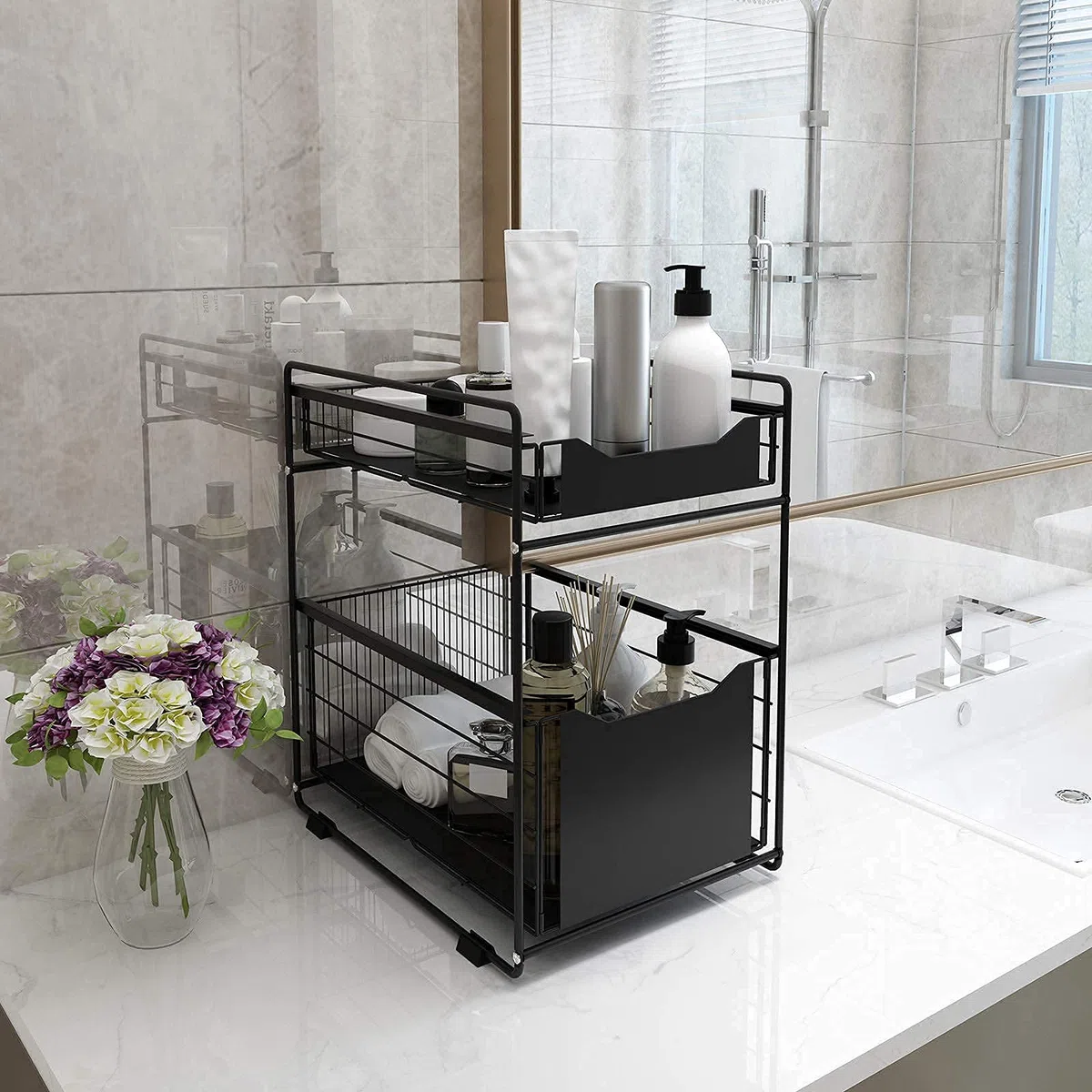 Organizzatore a 2 Ripiani con Cassetto Portaoggetti Sotto il Lavandino Scorrevole Cestino Estraibile Portaspezie Organizer per Snack per Cucina Bagno Camera da Letto-Nero