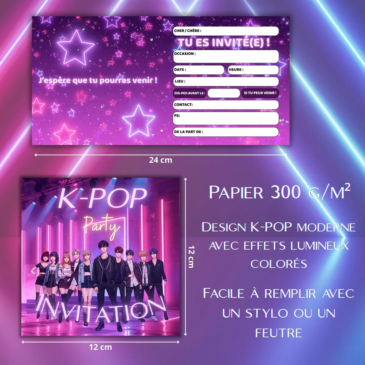 Set di 12 biglietti quadrati (12x12 cm) con buste - Inviti di compleanno eleganti per uomini e donne (K-Pop)