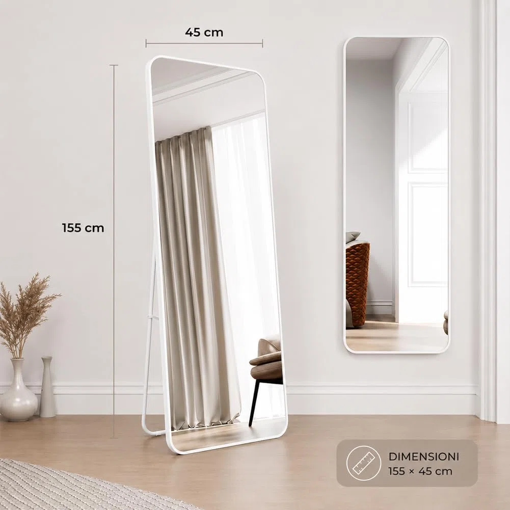 Shally Dogan Specchio da Terra e da Muro Rettangolare, Stand Autoportante Indipendente e da Parete, Decorazione Interna, Design Minimal, Figura Intera e Cornice in Alluminio, 155 x 45 cm, Bianco