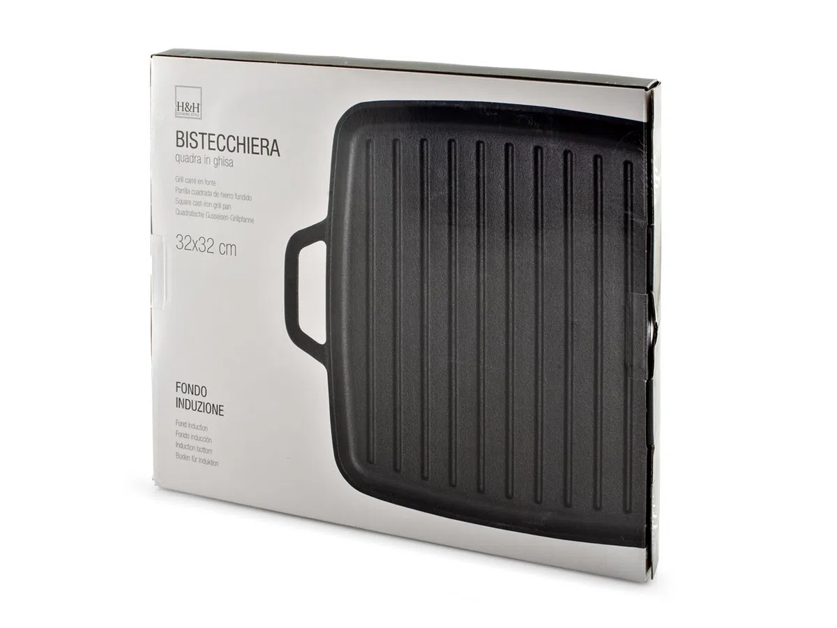 H&H Bistecchiera in Ghisa Smaltata Quadrata 32 cm con 2 Manici – Compatibile con Induzione e Tutti i Piani Cottura