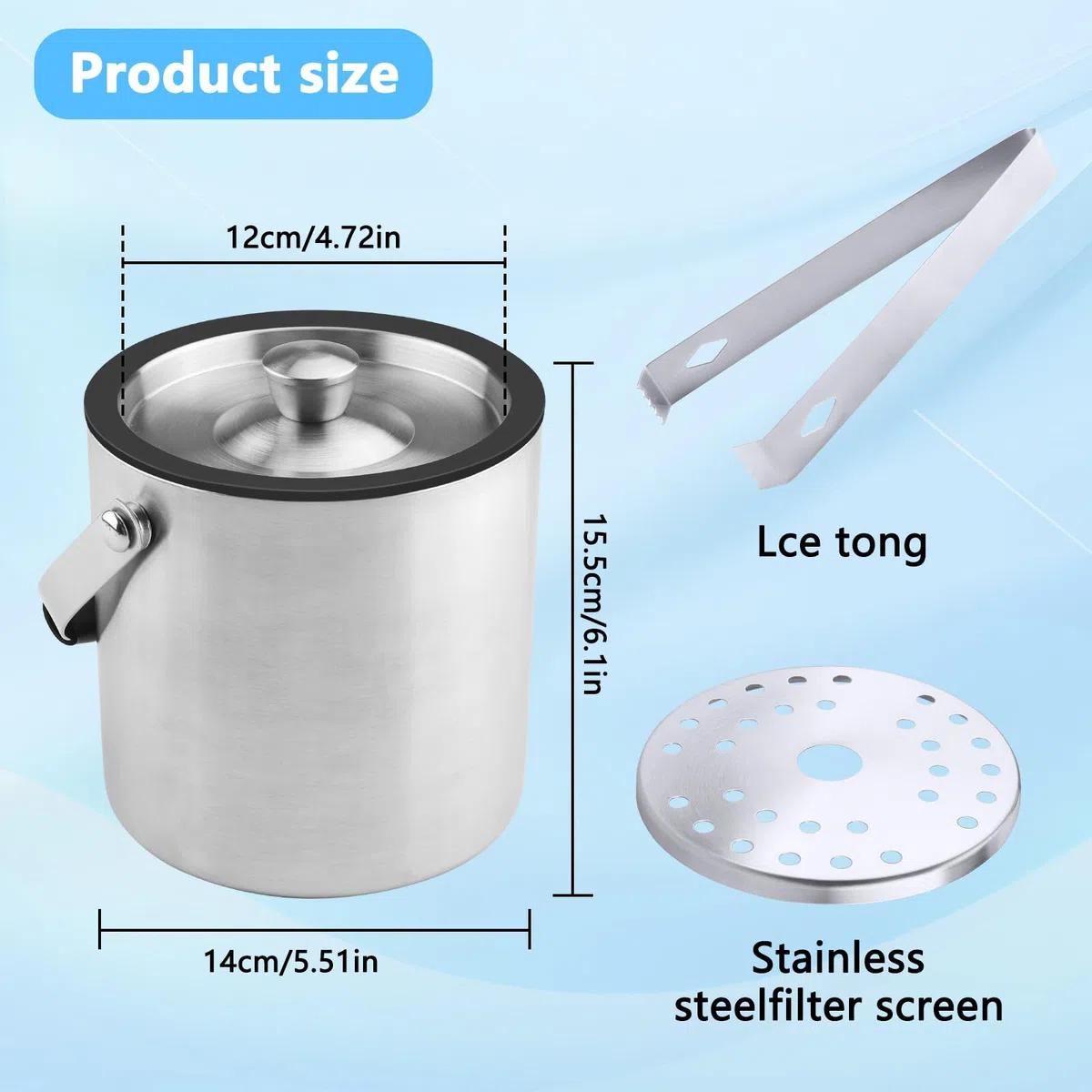 1.6L Secchiello Ghiaccio, Secchiello Ghiaccio Vino Acciaio Inox a Doppia Parete Isolante, Porta Ghiaccio con Coperchio, Pinze e Filtro, per Champagne, Contenitore per Ghiaccio, Bar, Cocktail