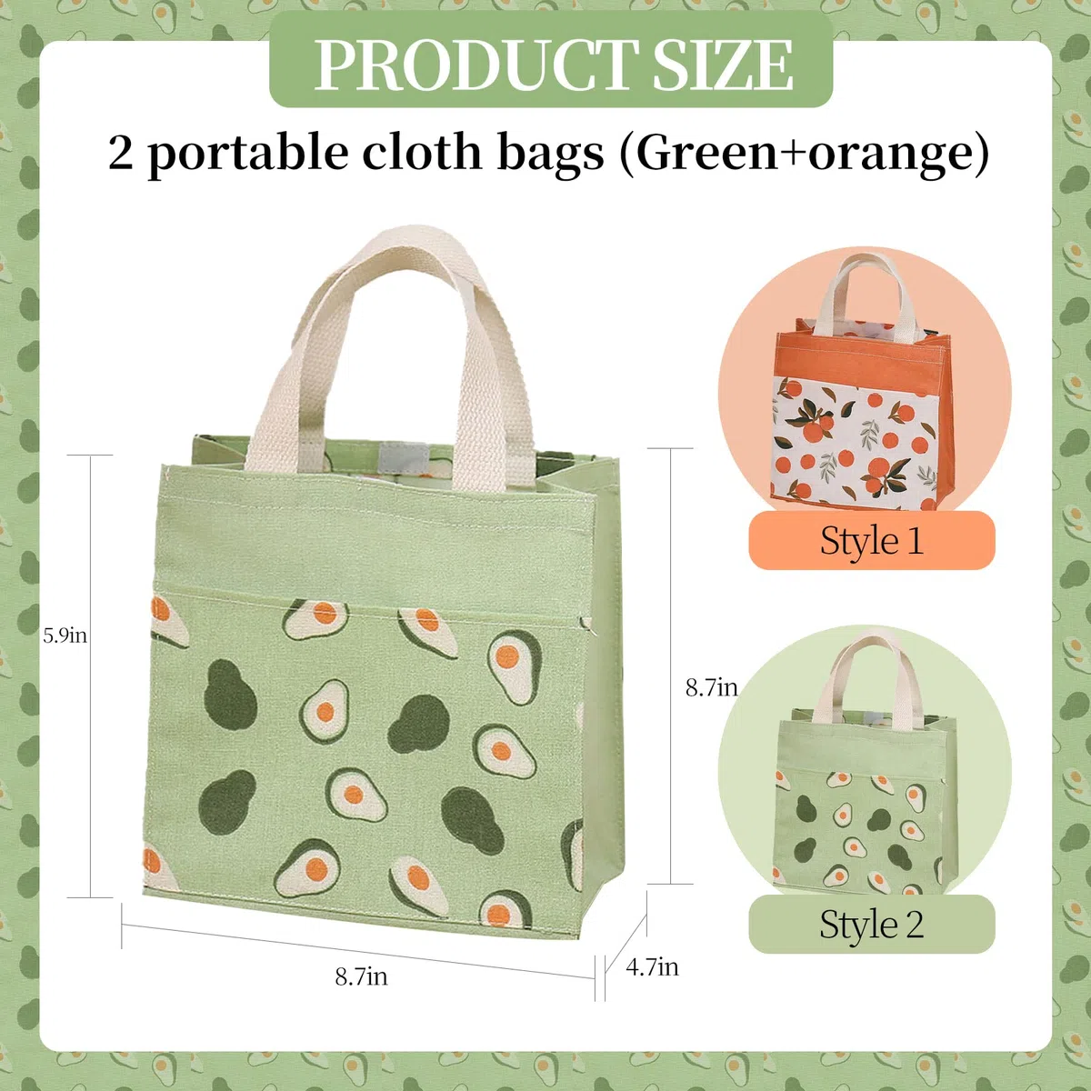 Mini Borsa Tote Tela, 2pz Borsa di Tela Donna Borsa Shopper Cotone, per Uscire Shopping(Verde + Arancio, 22 * 22 cm)