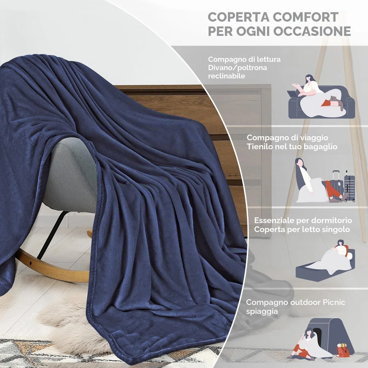 Cinkee Coperta in Pile 200x230 cm,Certificata Oeko-TEX,Antipilling,Coperta Calda per Divano,Letto Singolo e Matrimoniale,Accogliente e Spessa per Tutte le Stagioni,Blu