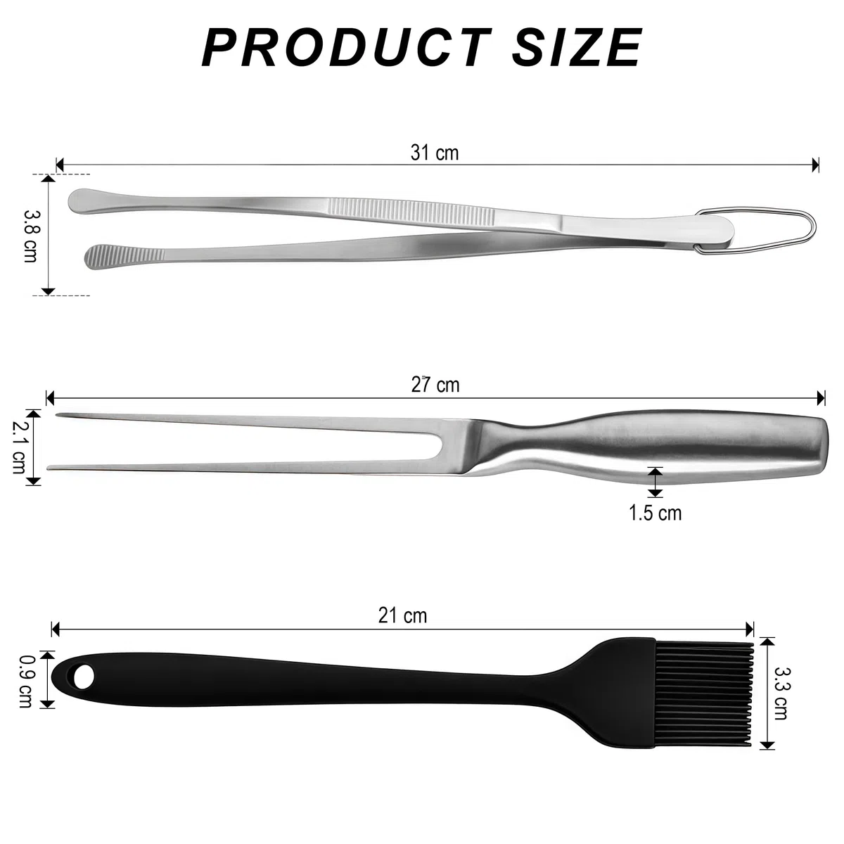 Set Forchetta da Arrosto in Acciaio Inox con Pinza da Grill & Pennello in Silicone, Utensile da Cucina 3-in-1 Versatile per Grigliate, Arrosti & Servizio